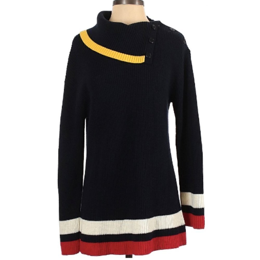 Talbots Navy Blue Pullover Sweater Shoulder Buttons Yellow Red White Stripe P
